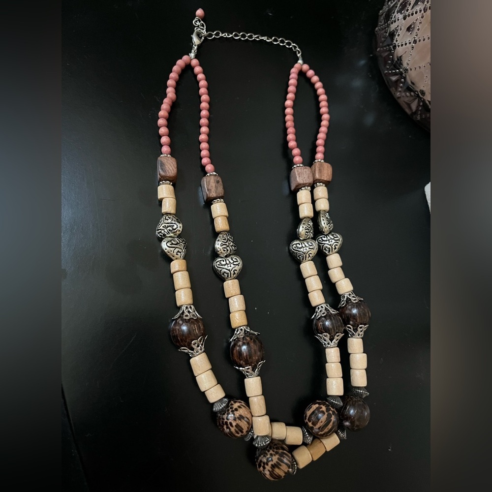 Vintage Silver Brown beaded Necklace Adjustable Closure Bohemian - Picture 5 of 12